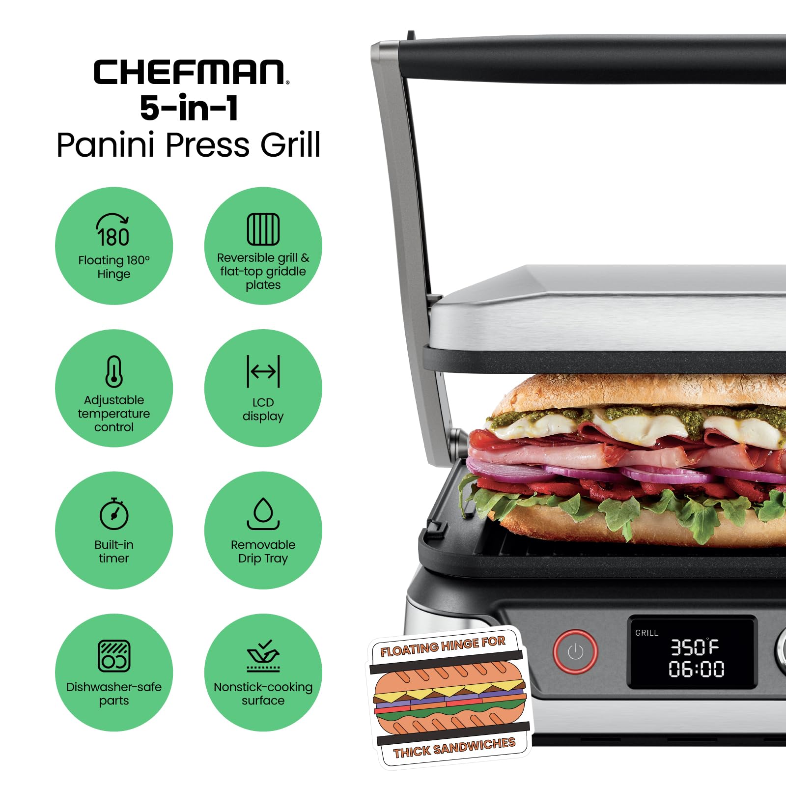 Chefman 5-in-1 Digital Panini Press Grill Sandwich Maker and Griddle Grill Combo with Removable, Reversible Dishwasher-Safe Grilling Plates, Opens 180° for Indoor BBQ /Flat Top Grill, Stainless steel - CookCave