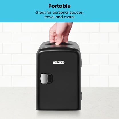 Chefman - Iceman Mini Portable Black Personal Fridge Cools Or Heats and Provides Compact Storage For Skincare, Snacks, Or 6 12oz Cans W/A Lightweight 4-liter Capacity To Take On The Go - CookCave