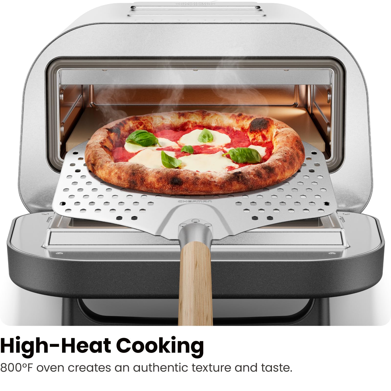 CHEFMAN Indoor Pizza Oven - Makes 12 Inch Pizzas in Minutes, Heats up to 800°F - Countertop Electric Pizza Maker with 5 Touchscreen Presets, Pizza Stone and Peel Included - Stainless Steel - CookCave