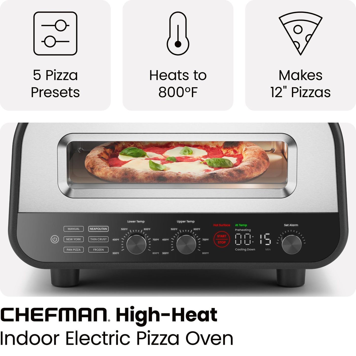 CHEFMAN Indoor Pizza Oven - Makes 12 Inch Pizzas in Minutes, Heats up to 800°F - Countertop Electric Pizza Maker with 5 Touchscreen Presets, Pizza Stone and Peel Included - Stainless Steel - CookCave