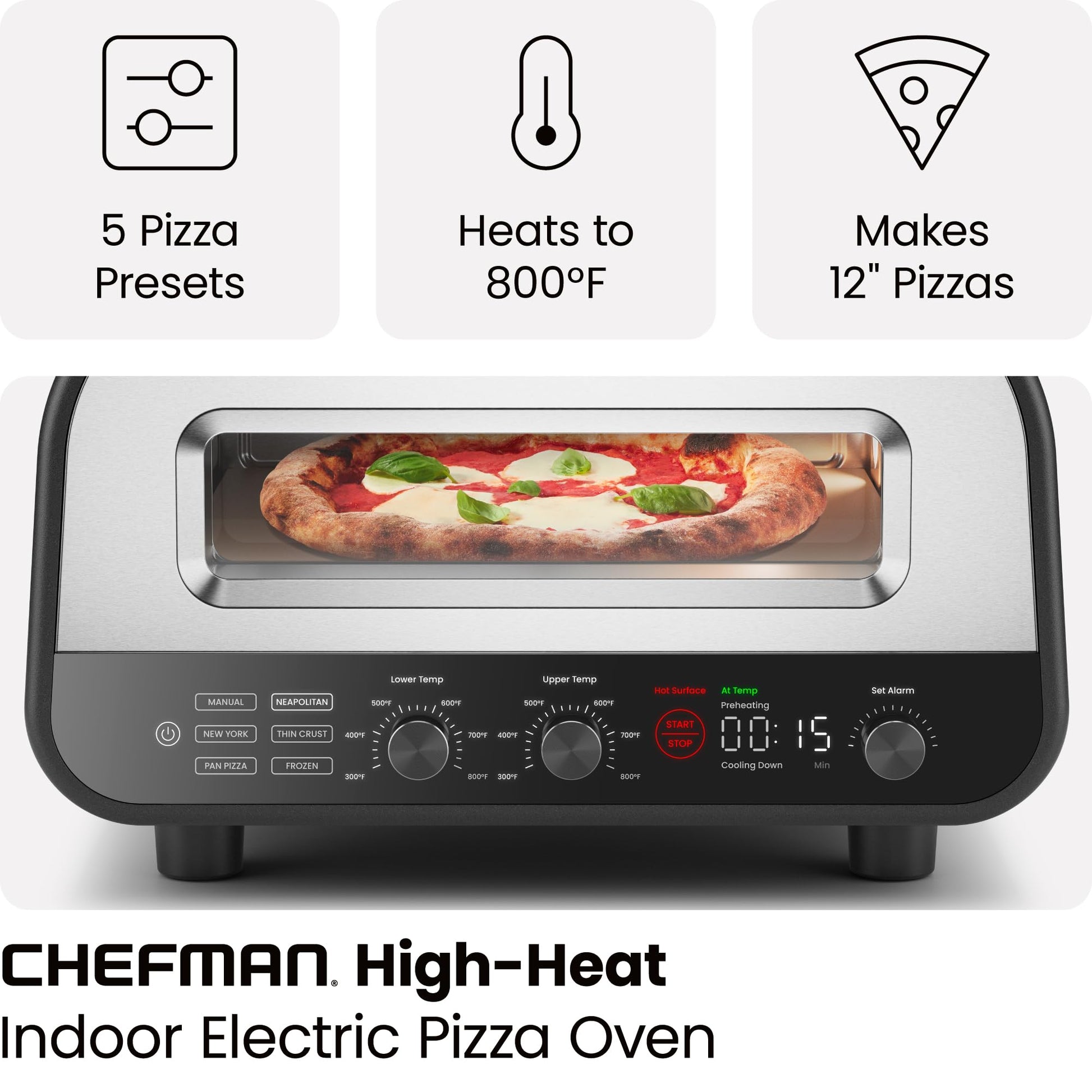 CHEFMAN Indoor Pizza Oven - Makes 12 Inch Pizzas in Minutes, Heats up to 800°F - Countertop Electric Pizza Maker with 5 Touchscreen Presets, Pizza Stone and Peel Included - Stainless Steel - CookCave