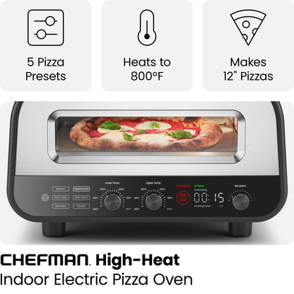 CHEFMAN Indoor Pizza Oven - Makes 12 Inch Pizzas in Minutes, Heats up to 800°F - Countertop Electric Pizza Maker with 5 Touchscreen Presets, Pizza Stone and Peel Included - Stainless Steel - CookCave