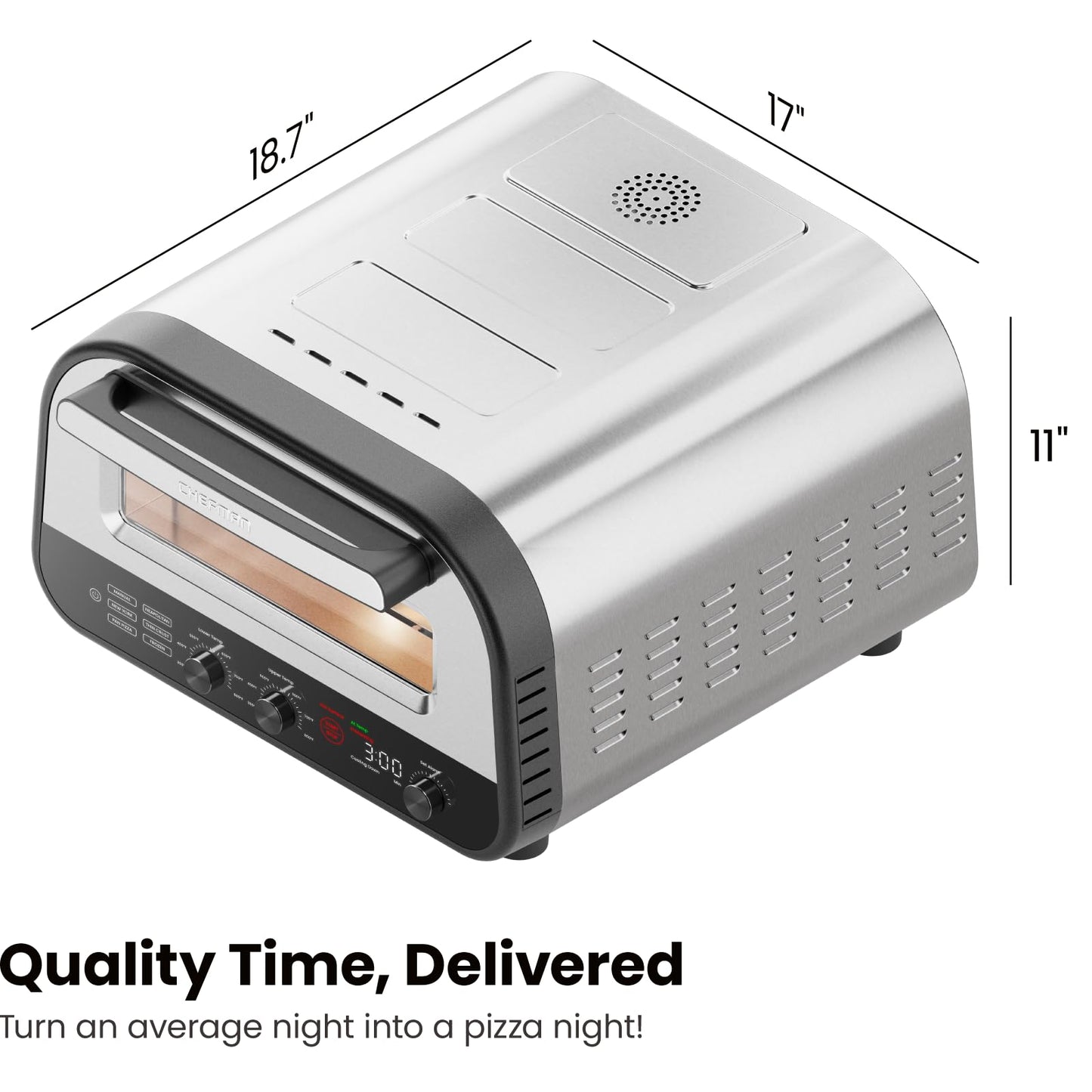 CHEFMAN Indoor Pizza Oven - Makes 12 Inch Pizzas in Minutes, Heats up to 800°F - Countertop Electric Pizza Maker with 5 Touchscreen Presets, Pizza Stone and Peel Included - Stainless Steel - CookCave