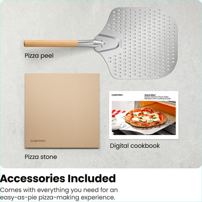 CHEFMAN Indoor Pizza Oven - Makes 12 Inch Pizzas in Minutes, Heats up to 800°F - Countertop Electric Pizza Maker with 5 Touchscreen Presets, Pizza Stone and Peel Included - Stainless Steel - CookCave