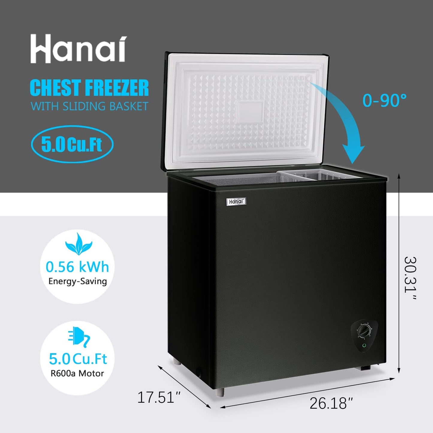 Chest Freezer 5.0 Cu.Ft Small Deep Freezer Black Top Door Mini Freezer with Removable Basket, Low Noise, 7 Adjustable Temperature and Energy Saving Perfect for Home Garage Basement Dorm or Apartment - CookCave