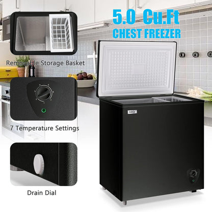 Chest Freezer 5.0 Cu.Ft Small Deep Freezer Black Top Door Mini Freezer with Removable Basket, Low Noise, 7 Adjustable Temperature and Energy Saving Perfect for Home Garage Basement Dorm or Apartment - CookCave
