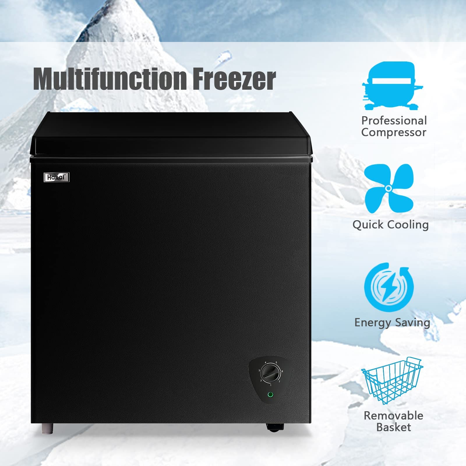Chest Freezer 5.0 Cu.Ft Small Deep Freezer Black Top Door Mini Freezer with Removable Basket, Low Noise, 7 Adjustable Temperature and Energy Saving Perfect for Home Garage Basement Dorm or Apartment - CookCave