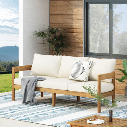 Christopher Knight Home Brooklyn Outdoor 3 Seater Sofa with Cushions - Acacia Wood - Teak/Beige - CookCave