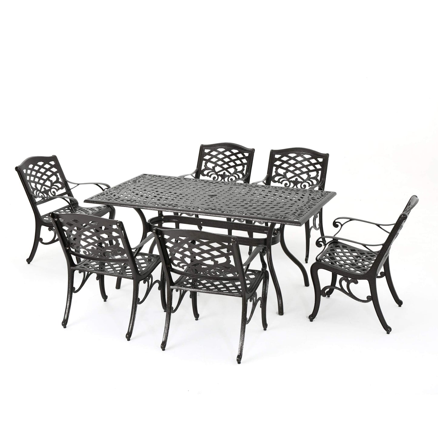 Christopher Knight Home Hallandale Outdoor Sarasota Cast Aluminum Rectangular Dining Set, 7-Pcs Set, Hammered Bronze - CookCave
