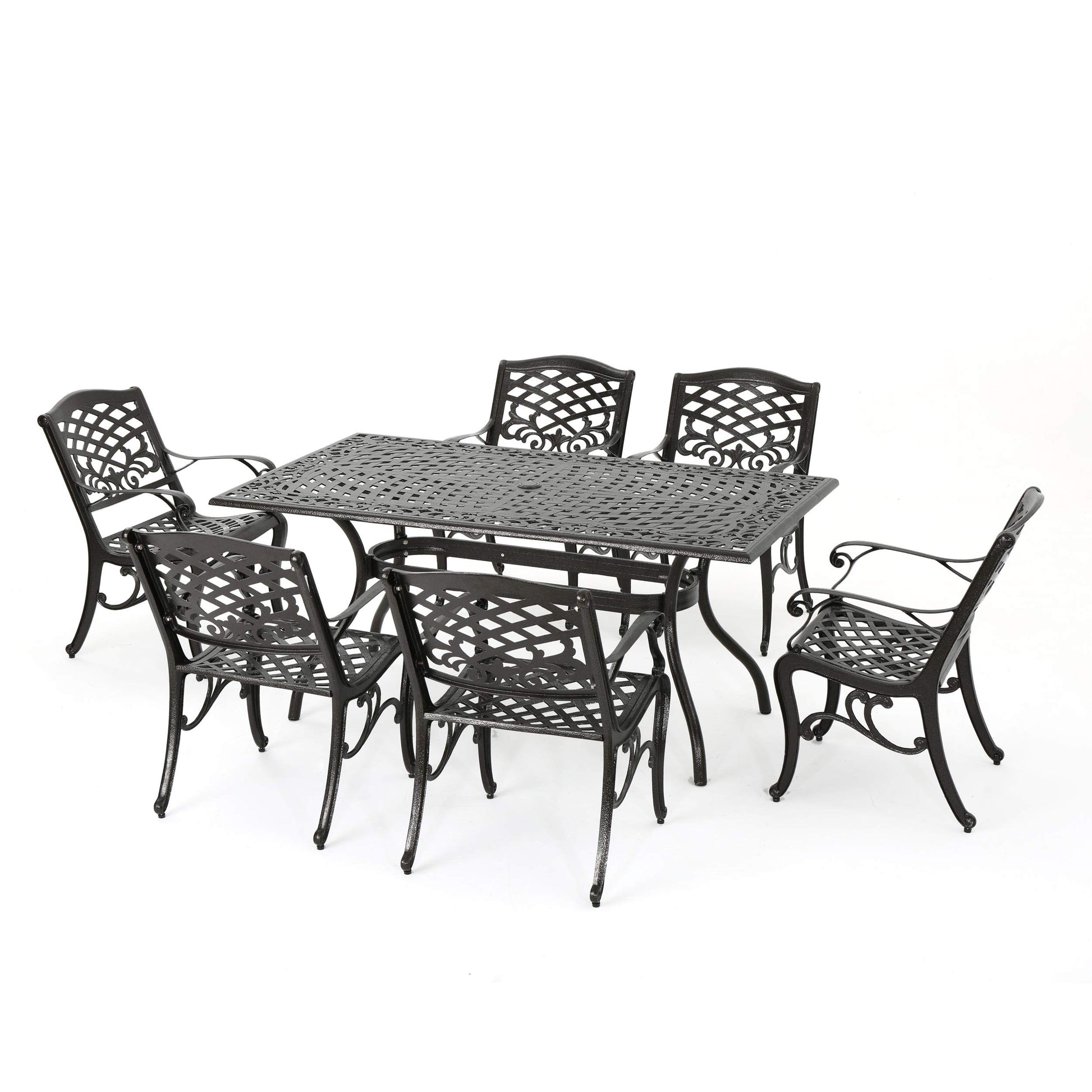 Christopher Knight Home Hallandale Outdoor Sarasota Cast Aluminum Rectangular Dining Set, 7-Pcs Set, Hammered Bronze - CookCave