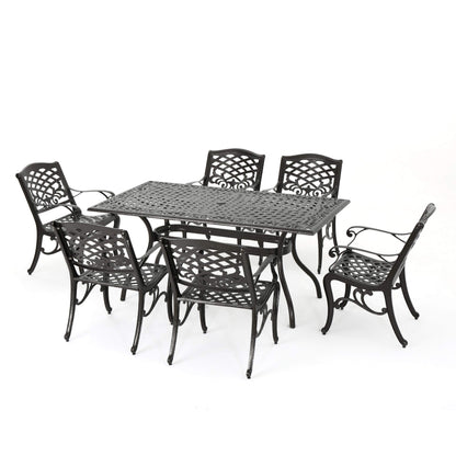 Christopher Knight Home Hallandale Outdoor Sarasota Cast Aluminum Rectangular Dining Set, 7-Pcs Set, Hammered Bronze - CookCave