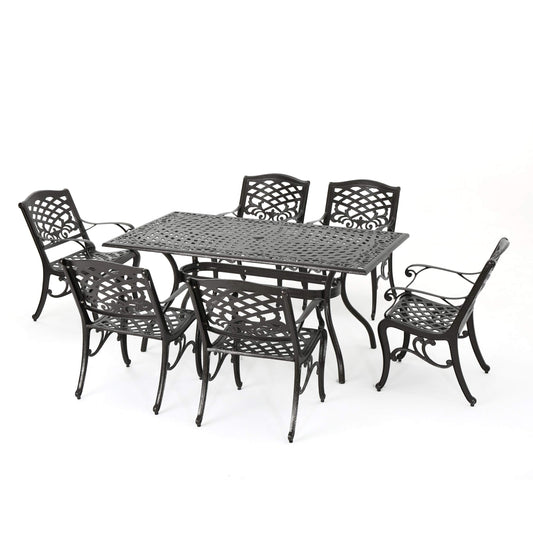 Christopher Knight Home Hallandale Outdoor Sarasota Cast Aluminum Rectangular Dining Set, 7-Pcs Set, Hammered Bronze - CookCave
