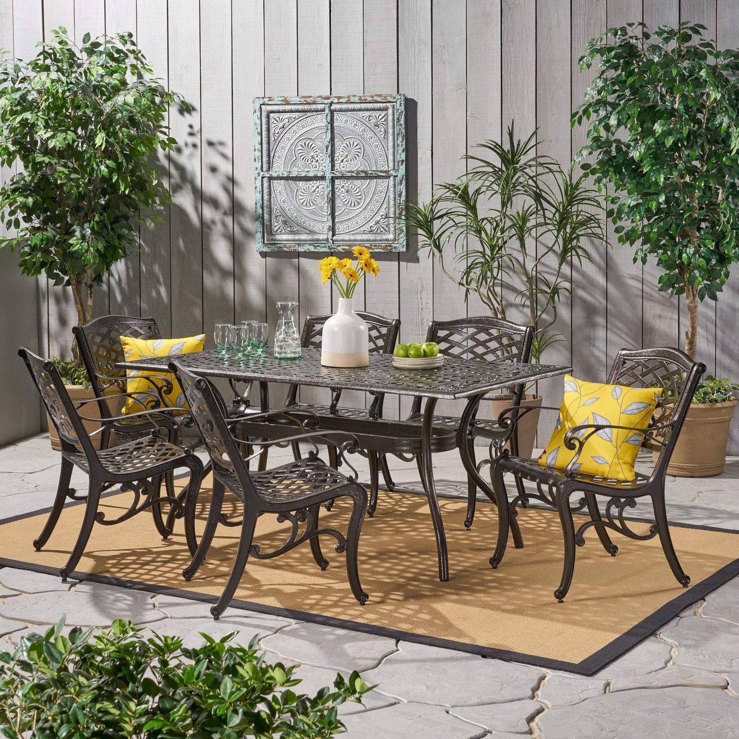 Christopher Knight Home Hallandale Outdoor Sarasota Cast Aluminum Rectangular Dining Set, 7-Pcs Set, Hammered Bronze - CookCave