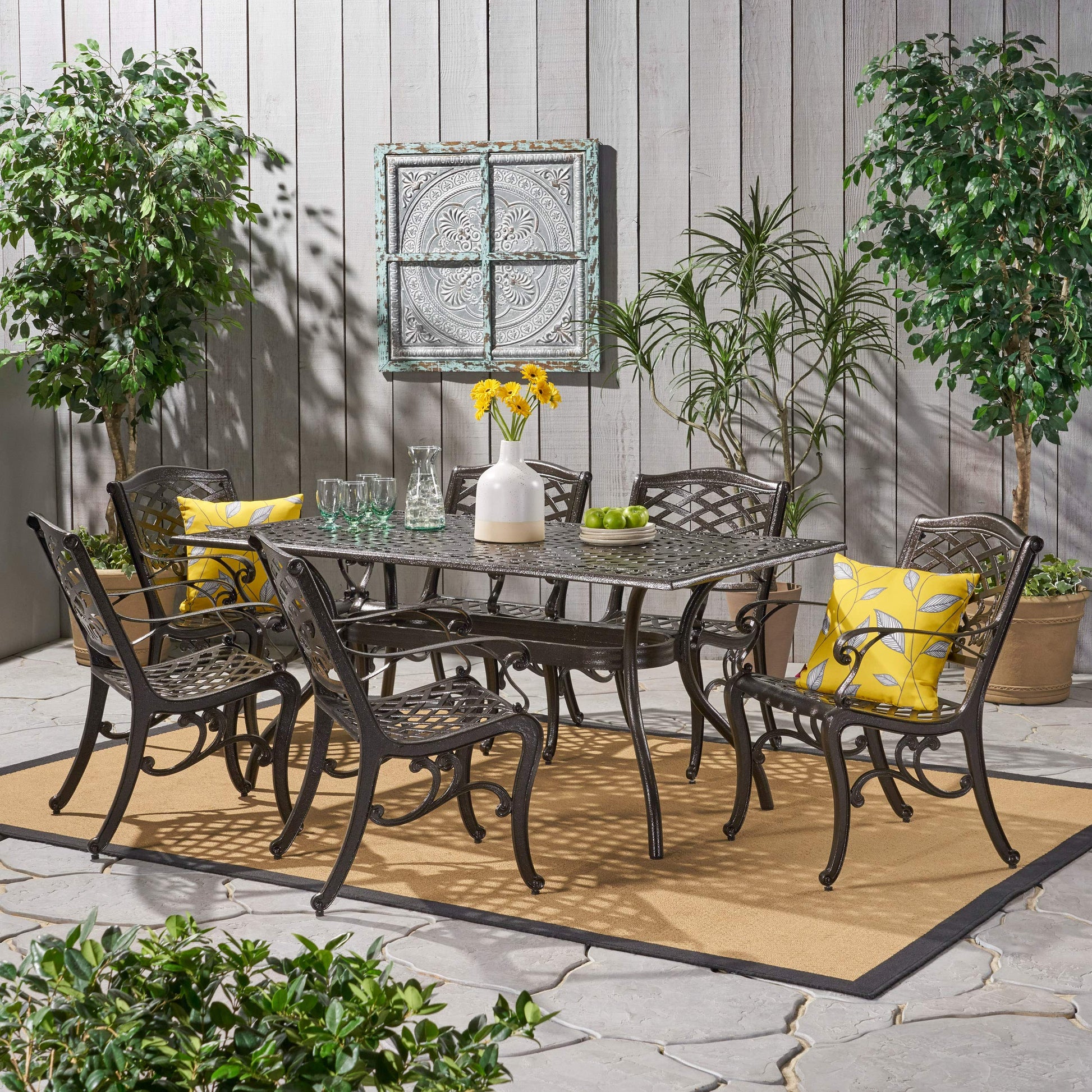 Christopher Knight Home Hallandale Outdoor Sarasota Cast Aluminum Rectangular Dining Set, 7-Pcs Set, Hammered Bronze - CookCave