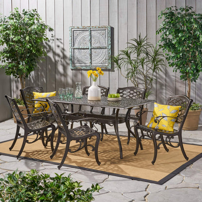 Christopher Knight Home Hallandale Outdoor Sarasota Cast Aluminum Rectangular Dining Set, 7-Pcs Set, Hammered Bronze - CookCave