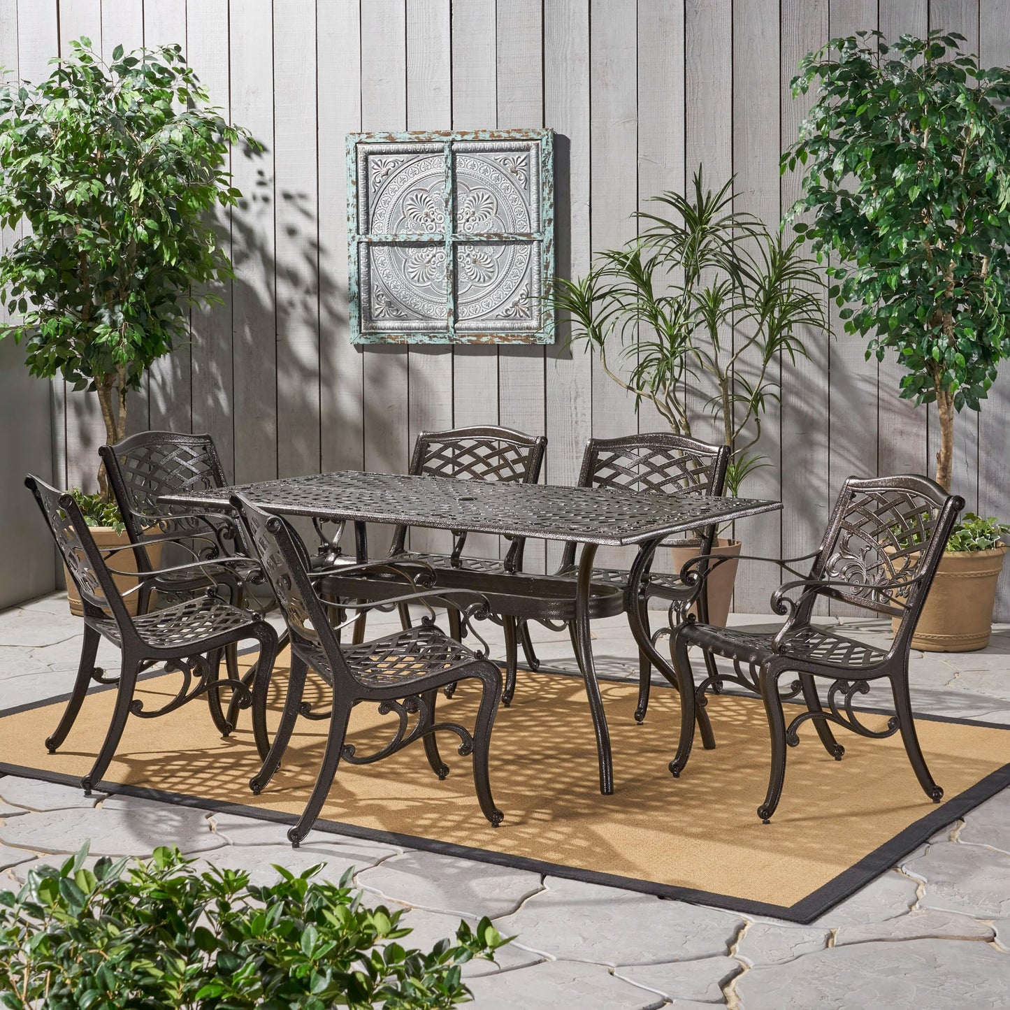 Christopher Knight Home Hallandale Outdoor Sarasota Cast Aluminum Rectangular Dining Set, 7-Pcs Set, Hammered Bronze - CookCave