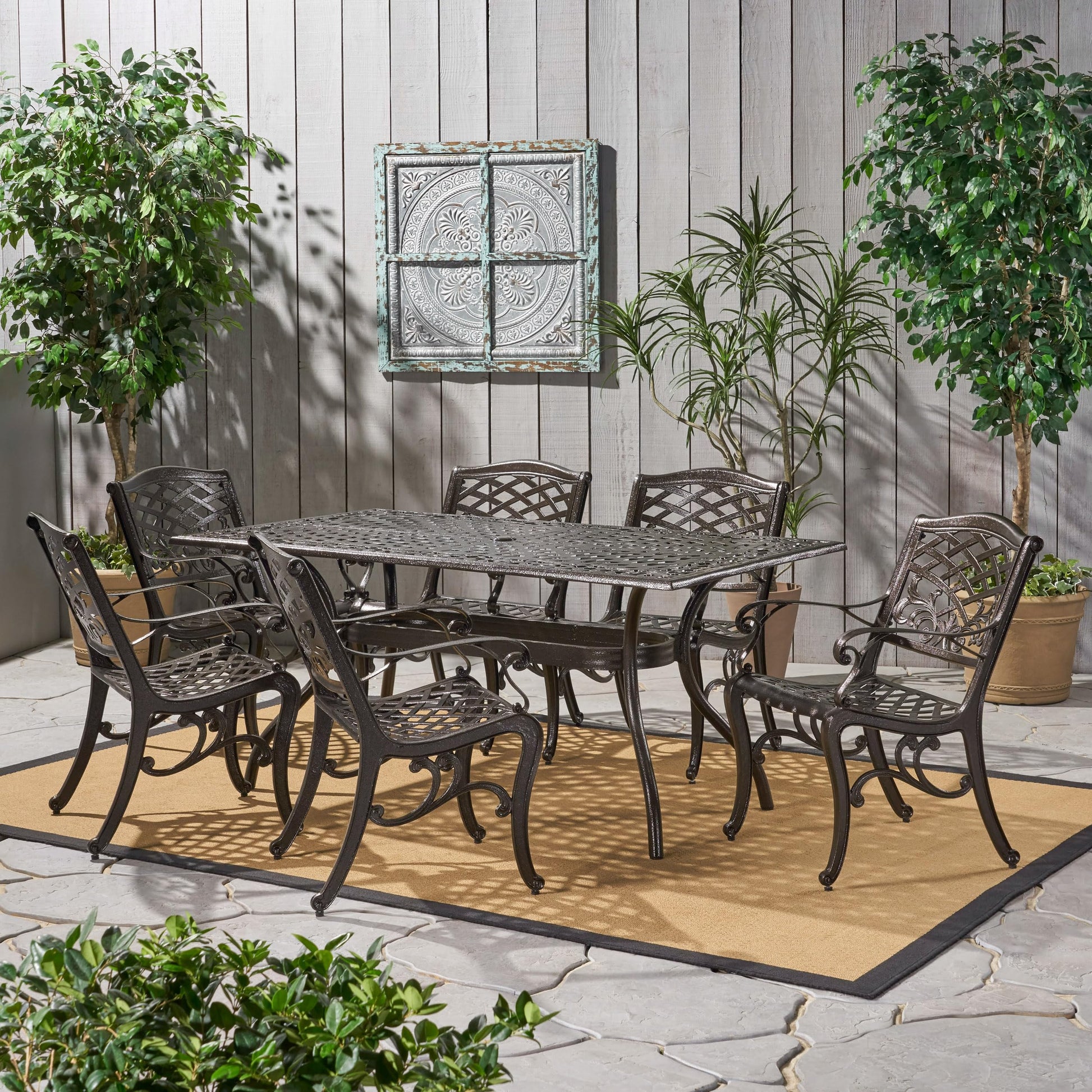 Christopher Knight Home Hallandale Outdoor Sarasota Cast Aluminum Rectangular Dining Set, 7-Pcs Set, Hammered Bronze - CookCave