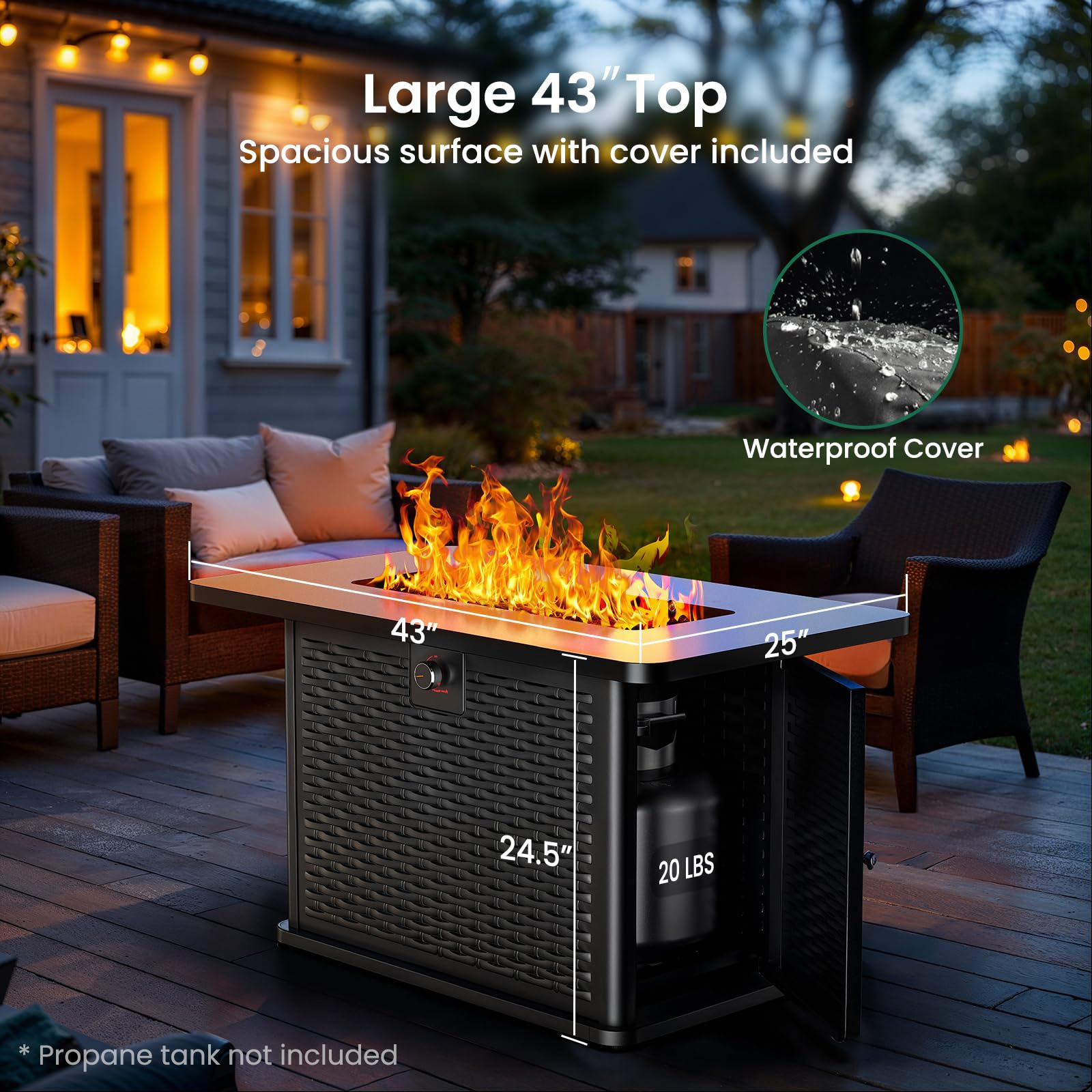 Ciays 43-Inch Rectangular Propane Fire Pit with 60,000 BTU Output, Gas Fire Pit with Cover and Rocks, Fire Pit Table CSA-Certified 2 in 1 Table Gatherings Parties with 304 Stainless Steel H-Burner - CookCave