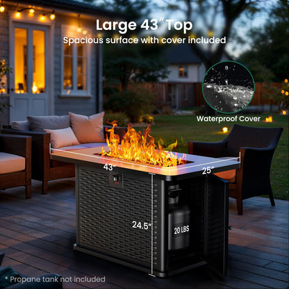 Ciays 43-Inch Rectangular Propane Fire Pit with 60,000 BTU Output, Gas Fire Pit with Cover and Rocks, Fire Pit Table CSA-Certified 2 in 1 Table Gatherings Parties with 304 Stainless Steel H-Burner - CookCave