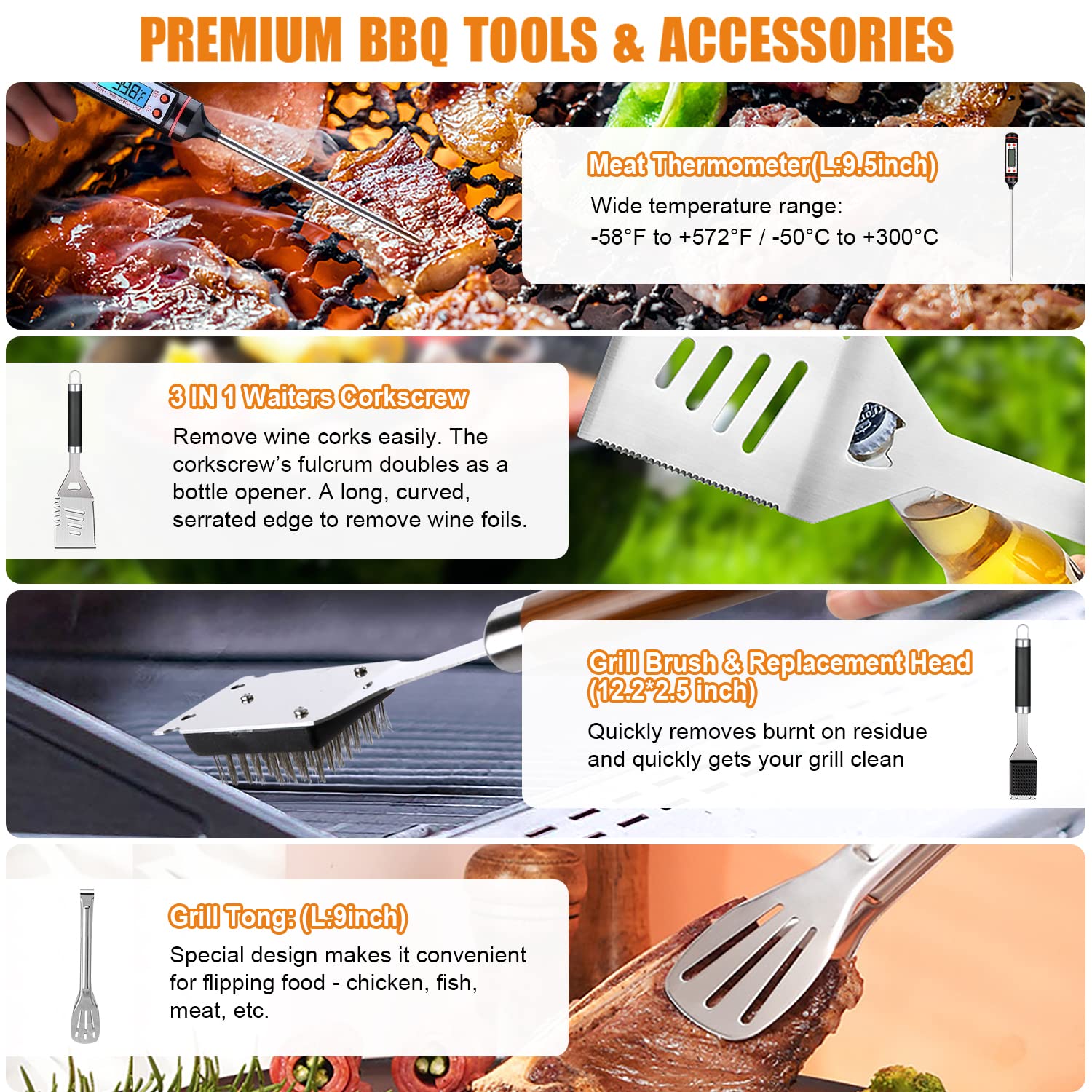 Cifaisi BBQ Grill Accessories Set, 38Pcs Stainless Steel Grill Tools Grilling Accessories with Aluminum Case, Thermometer, Grill Mats for Camping/Backyard Barbecue, Grill Utensils Set for Men Women - CookCave