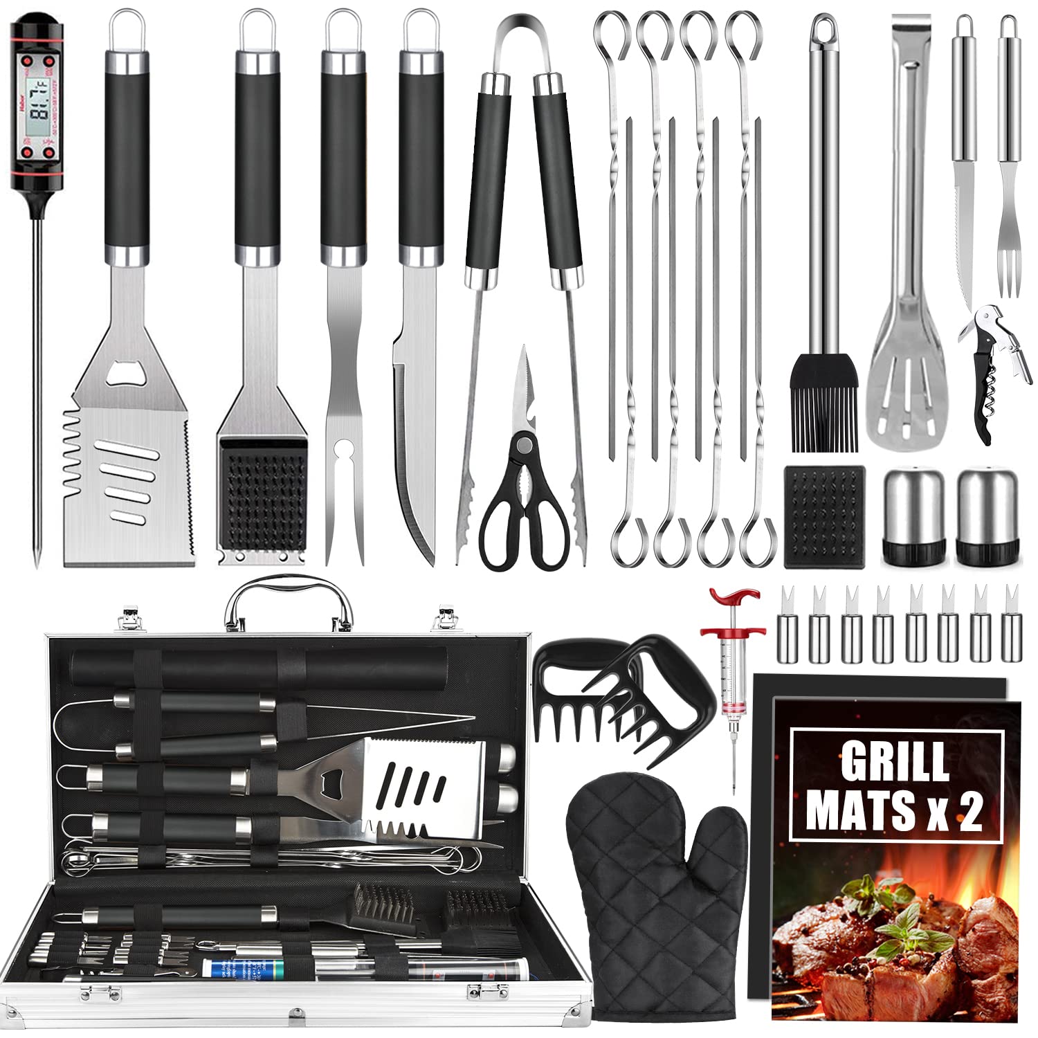 Cifaisi BBQ Grill Accessories Set, 38Pcs Stainless Steel Grill Tools Grilling Accessories with Aluminum Case, Thermometer, Grill Mats for Camping/Backyard Barbecue, Grill Utensils Set for Men Women - CookCave