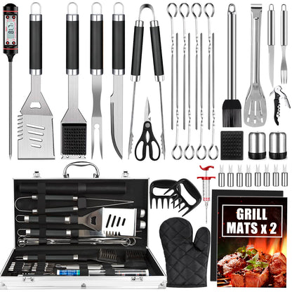 Cifaisi BBQ Grill Accessories Set, 38Pcs Stainless Steel Grill Tools Grilling Accessories with Aluminum Case, Thermometer, Grill Mats for Camping/Backyard Barbecue, Grill Utensils Set for Men Women - CookCave