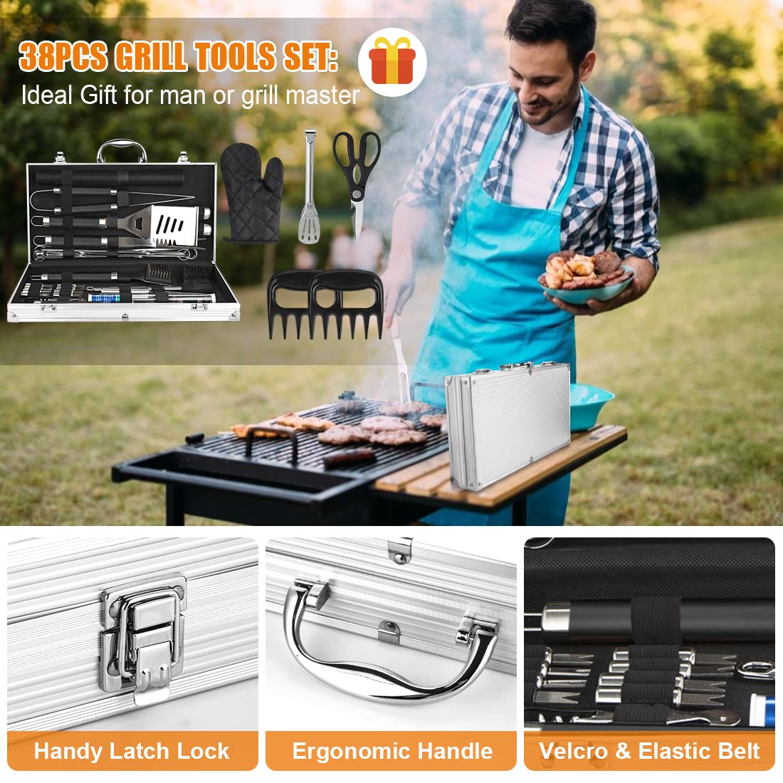 Cifaisi BBQ Grill Accessories Set, 38Pcs Stainless Steel Grill Tools Grilling Accessories with Aluminum Case, Thermometer, Grill Mats for Camping/Backyard Barbecue, Grill Utensils Set for Men Women - CookCave