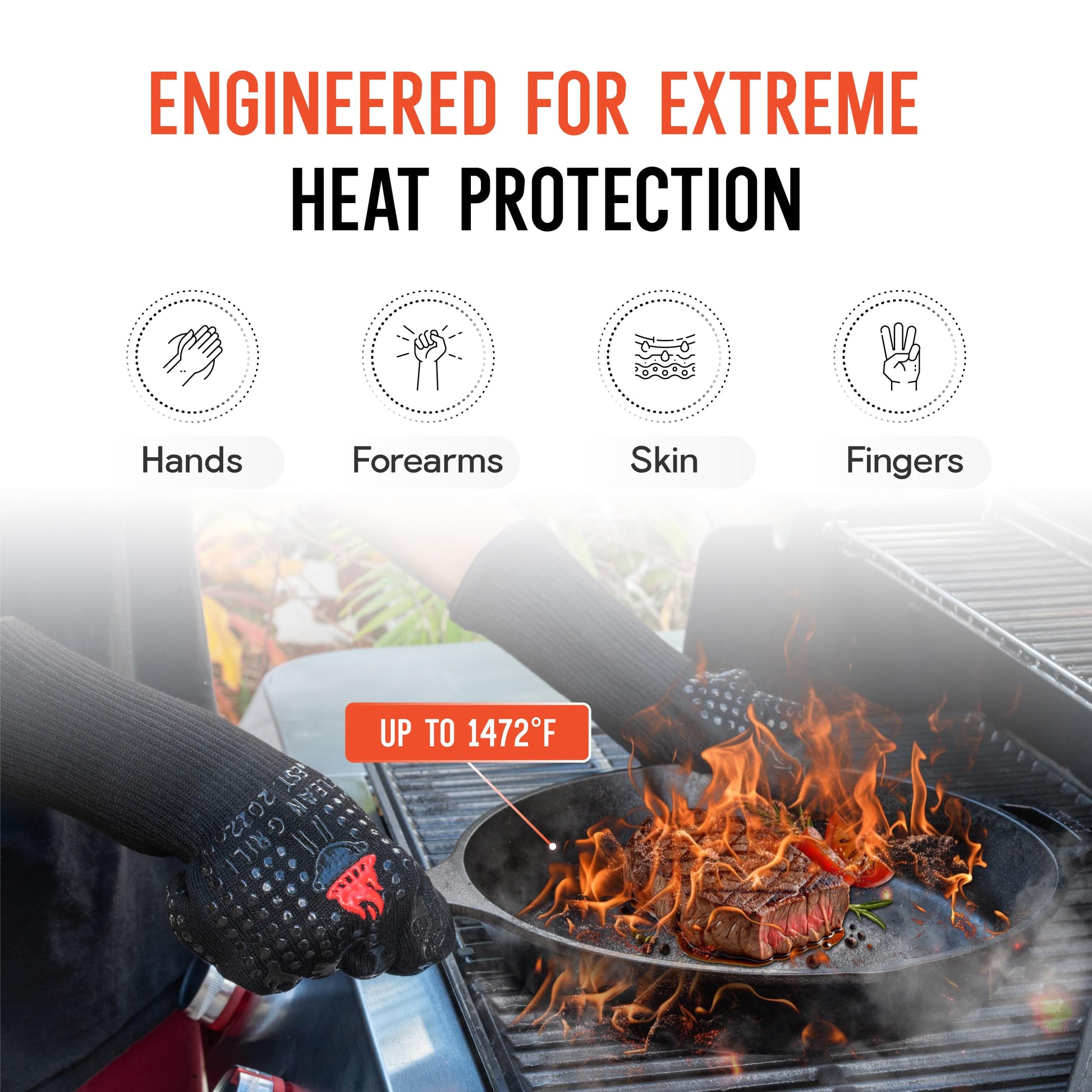Clean Grill 1472°F Heat Resistant BBQ Gloves | Fire Resistant Silicone & Aramid Fiber for Cooking, Baking, Grilling | Extra Safety, Comfort, Non-Slip Grip, Durable, Flexible, Touchscreen Compatible - CookCave