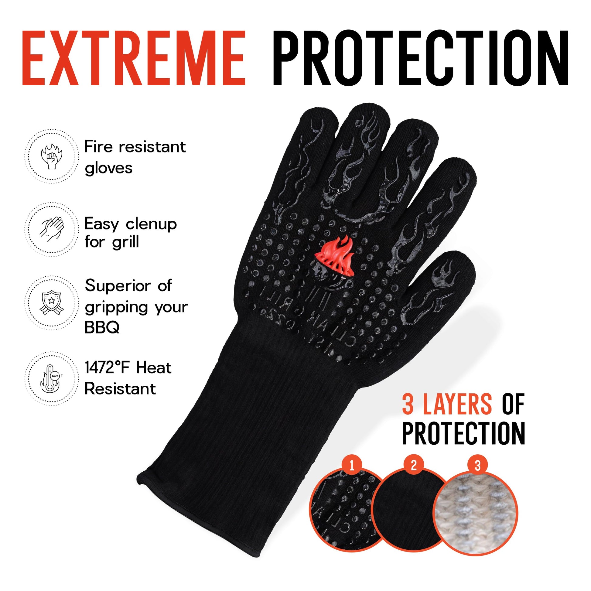 Clean Grill 1472°F Heat Resistant BBQ Gloves | Fire Resistant Silicone & Aramid Fiber for Cooking, Baking, Grilling | Extra Safety, Comfort, Non-Slip Grip, Durable, Flexible, Touchscreen Compatible - CookCave
