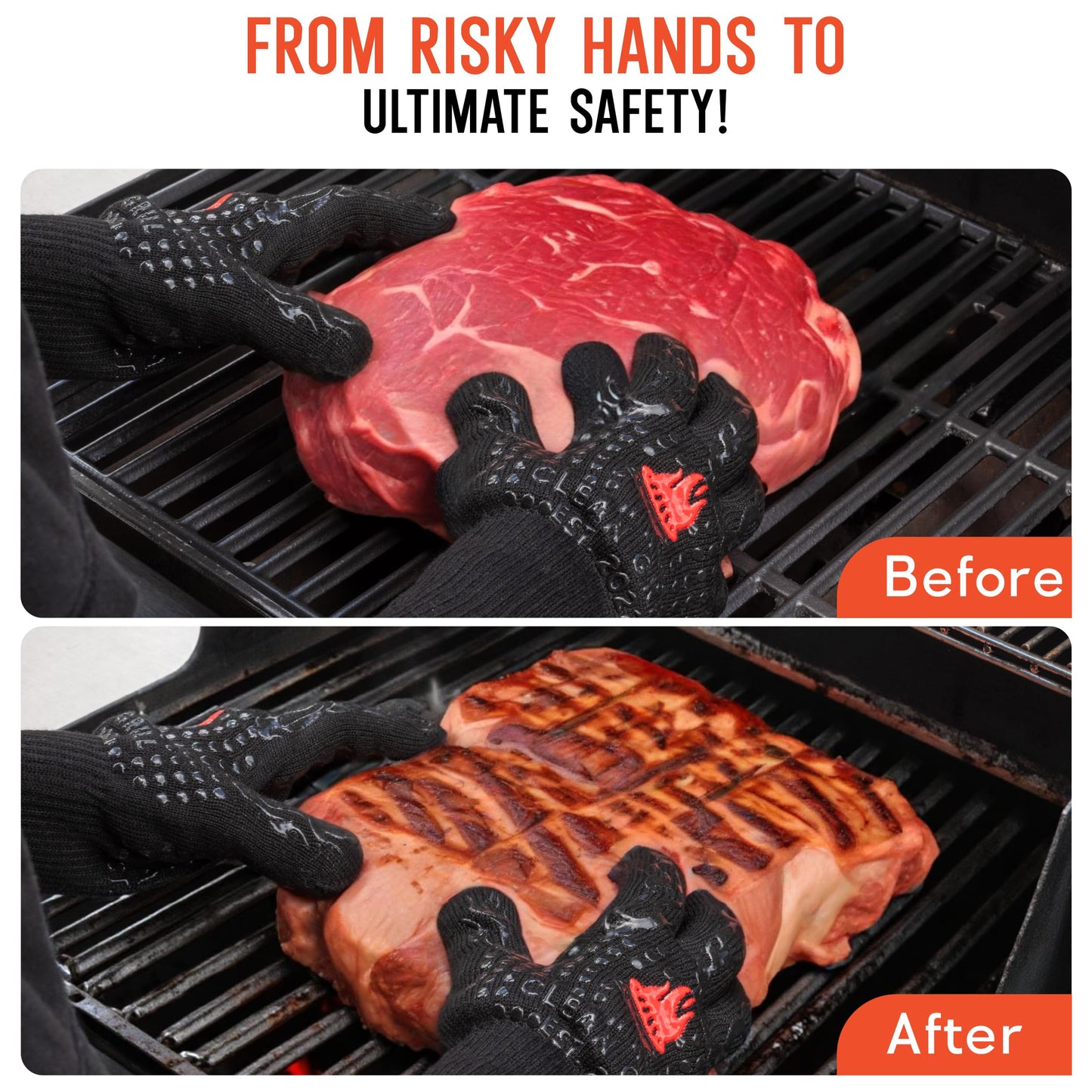 Clean Grill 1472°F Heat Resistant BBQ Gloves | Fire Resistant Silicone & Aramid Fiber for Cooking, Baking, Grilling | Extra Safety, Comfort, Non-Slip Grip, Durable, Flexible, Touchscreen Compatible - CookCave