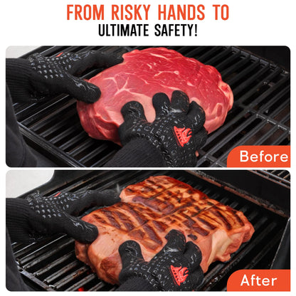 Clean Grill 1472°F Heat Resistant BBQ Gloves | Fire Resistant Silicone & Aramid Fiber for Cooking, Baking, Grilling | Extra Safety, Comfort, Non-Slip Grip, Durable, Flexible, Touchscreen Compatible - CookCave