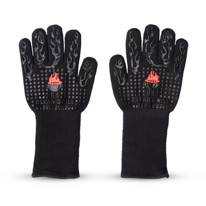 Clean Grill 1472°F Heat Resistant BBQ Gloves | Fire Resistant Silicone & Aramid Fiber for Cooking, Baking, Grilling | Extra Safety, Comfort, Non-Slip Grip, Durable, Flexible, Touchscreen Compatible - CookCave