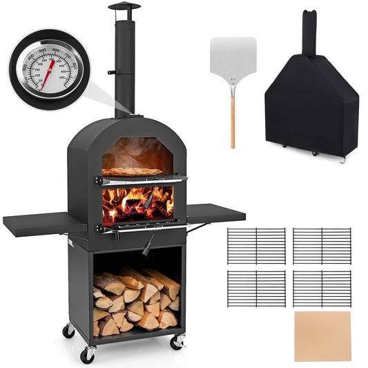 CLEEMAN Pizza Oven Outdoor, Wood Fire Pizza Oven w/ 12” Pizza Stone, Pizza Peel & 2 Side Tables, Pellet Pizza Cooker with Wheels & Waterproof Cover, Portable Pizza Maker Stove for BBQ Backyard Party - CookCave