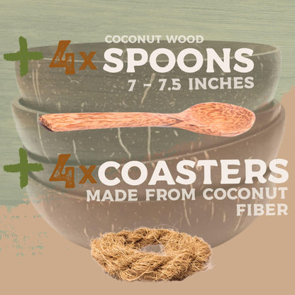 cocovibes 4 Handcrafted Wooden Bowls for Food Coconut Bowl Set with Spoons & Anti-Tip Coconut Rings perfect for Smoothie Bowls, Yogurt or Cereals - CookCave