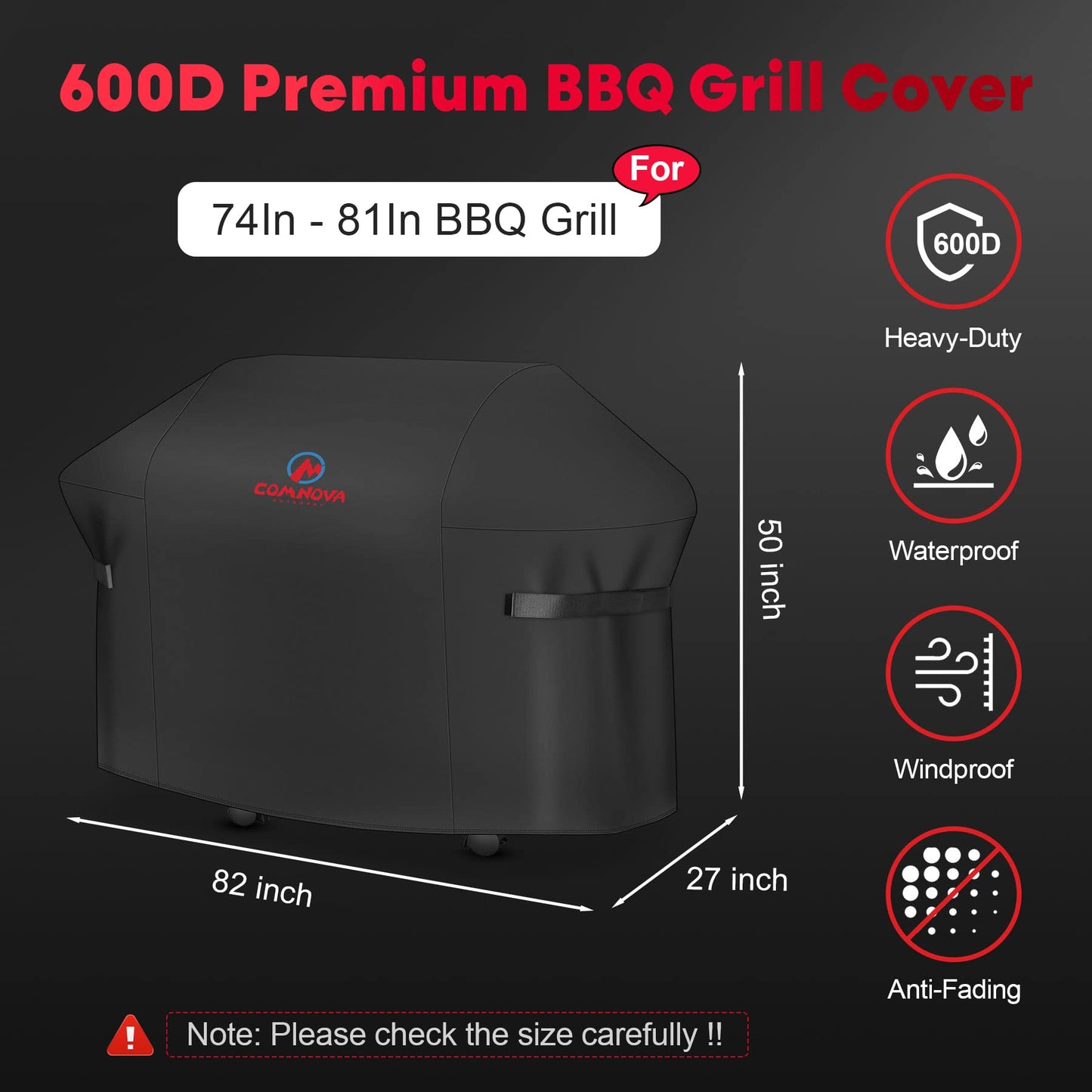 Comnova Grill Cover 82 Inch - 600D BBQ Cover for Outdoor Grill Heavy Duty and Waterproof, Large Barbecue Gas Grill Covers for Weber, Char-Broil, Nexgrill, Monument, Dyna-glo, Brinkmann and More - CookCave