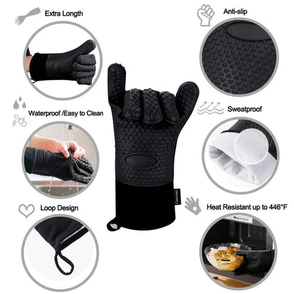 Comsmart BBQ Gloves, Heat Resistant Silicone Grilling Gloves, Long Waterproof BBQ Kitchen Oven Mitts with Inner Cotton Layer for Barbecue, Cooking, Baking, Smoker(Black) - CookCave