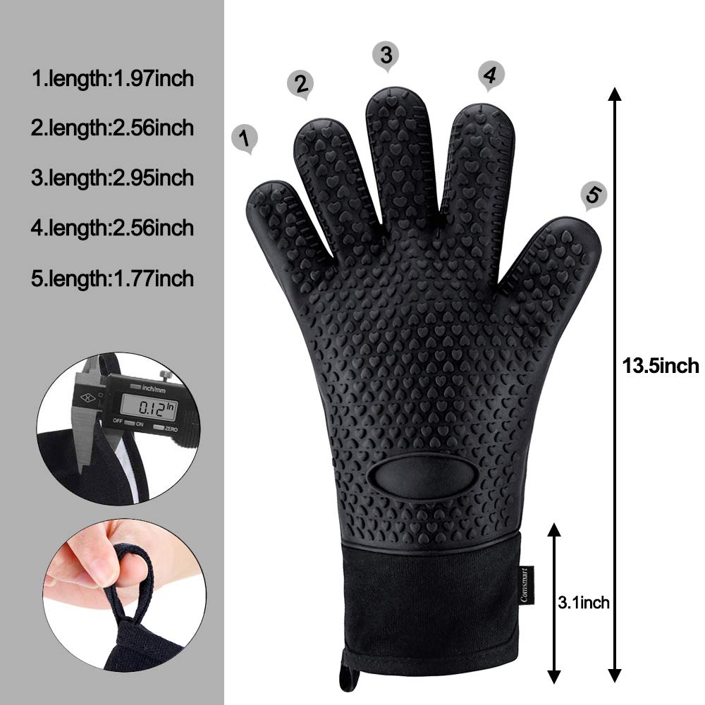 Comsmart BBQ Gloves, Heat Resistant Silicone Grilling Gloves, Long Waterproof BBQ Kitchen Oven Mitts with Inner Cotton Layer for Barbecue, Cooking, Baking, Smoker(Black) - CookCave