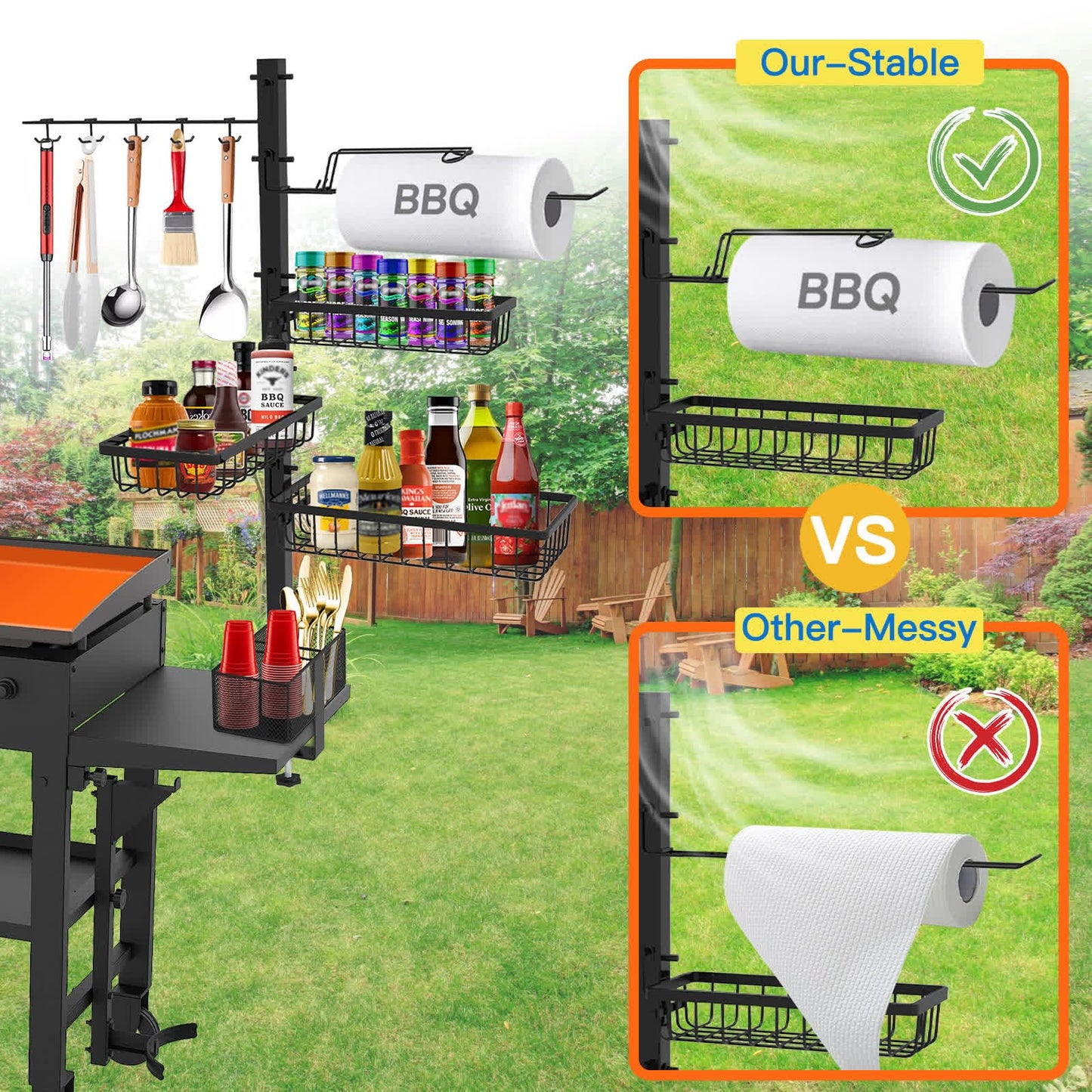 Concons Griddle Caddy for Blackstone Griddle Accessories, BBQ Grill Caddy with Paper Towel Holder, Outdoor Kitchen Accessories for Camper, Grill Accessories Organizer, Picnic Utensil Condiment Caddy - CookCave