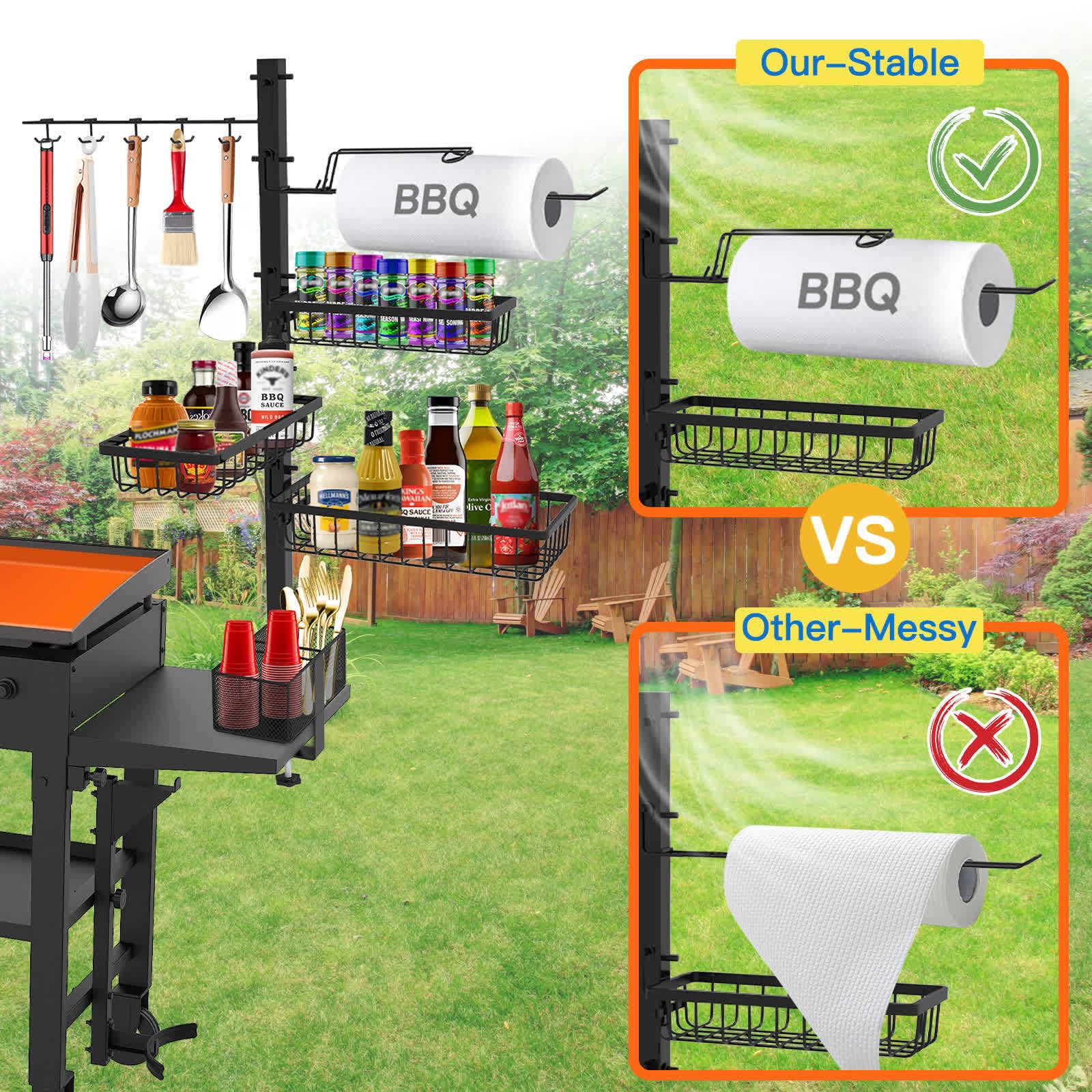 Concons Griddle Caddy for Blackstone Griddle Accessories, BBQ Grill Caddy with Paper Towel Holder, Outdoor Kitchen Accessories for Camper, Grill Accessories Organizer, Picnic Utensil Condiment Caddy - CookCave