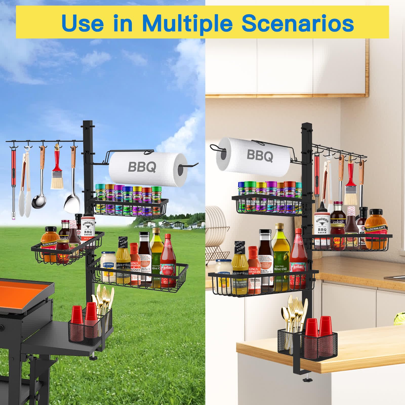 Concons Griddle Caddy for Blackstone Griddle Accessories, BBQ Grill Caddy with Paper Towel Holder, Outdoor Kitchen Accessories for Camper, Grill Accessories Organizer, Picnic Utensil Condiment Caddy - CookCave