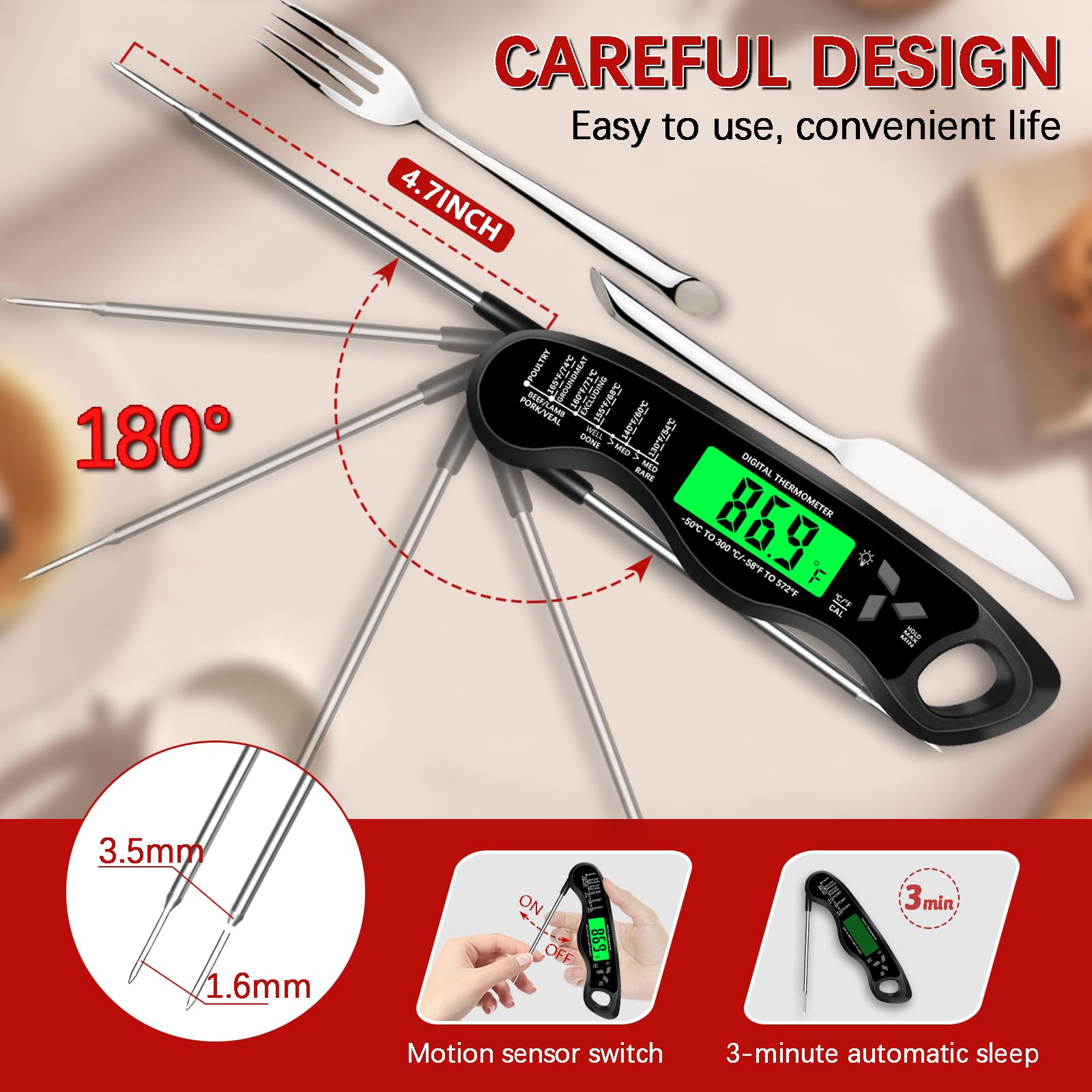 Cooking Thermometer,IP67 Waterproof Digital Meat Thermometer with Backlight, Calibration & Hold Function，Food Thermometer for Cooking,Outdoor Grilling,Candy Making - CookCave