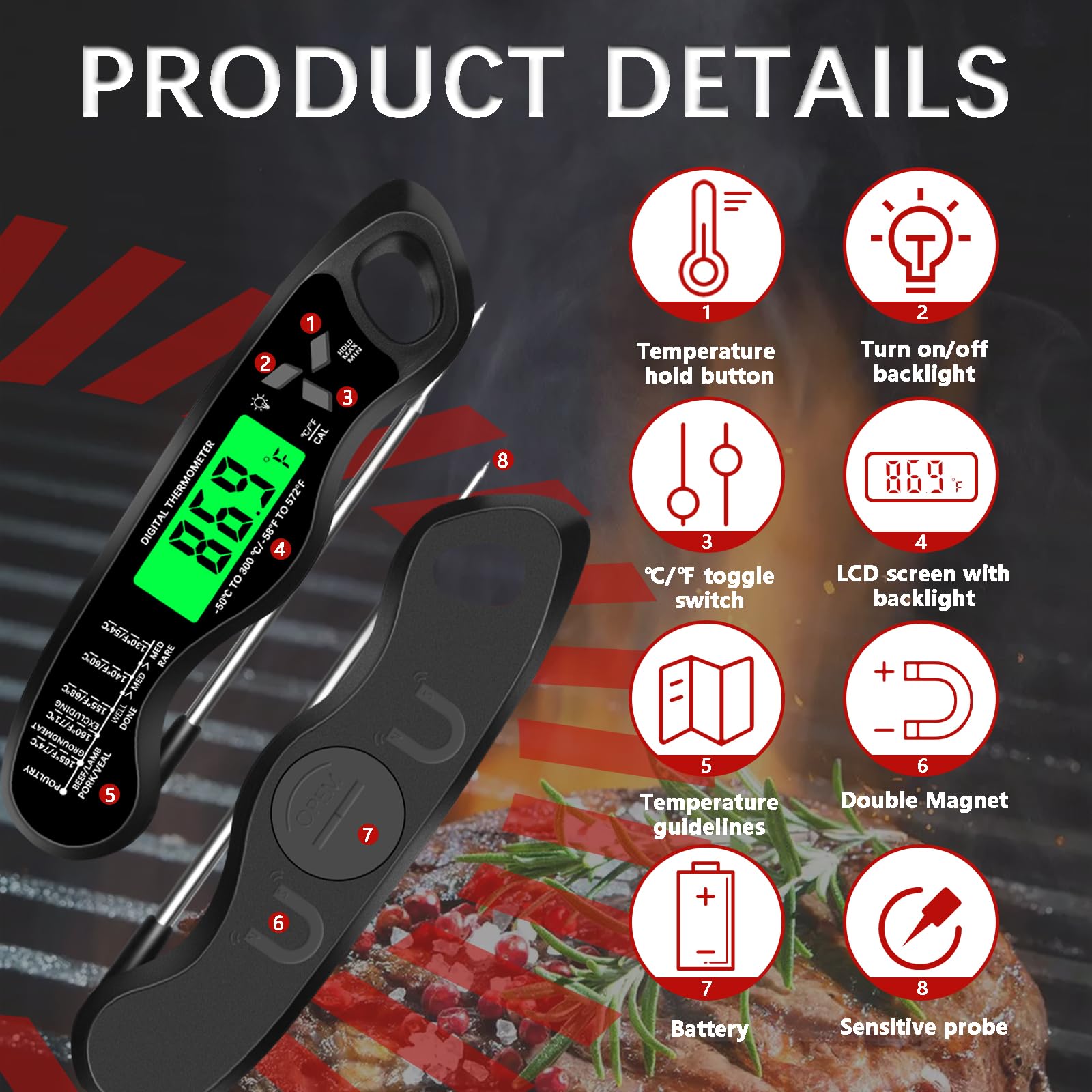 Cooking Thermometer,IP67 Waterproof Digital Meat Thermometer with Backlight, Calibration & Hold Function，Food Thermometer for Cooking,Outdoor Grilling,Candy Making - CookCave