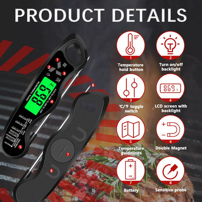 Cooking Thermometer,IP67 Waterproof Digital Meat Thermometer with Backlight, Calibration & Hold Function，Food Thermometer for Cooking,Outdoor Grilling,Candy Making - CookCave