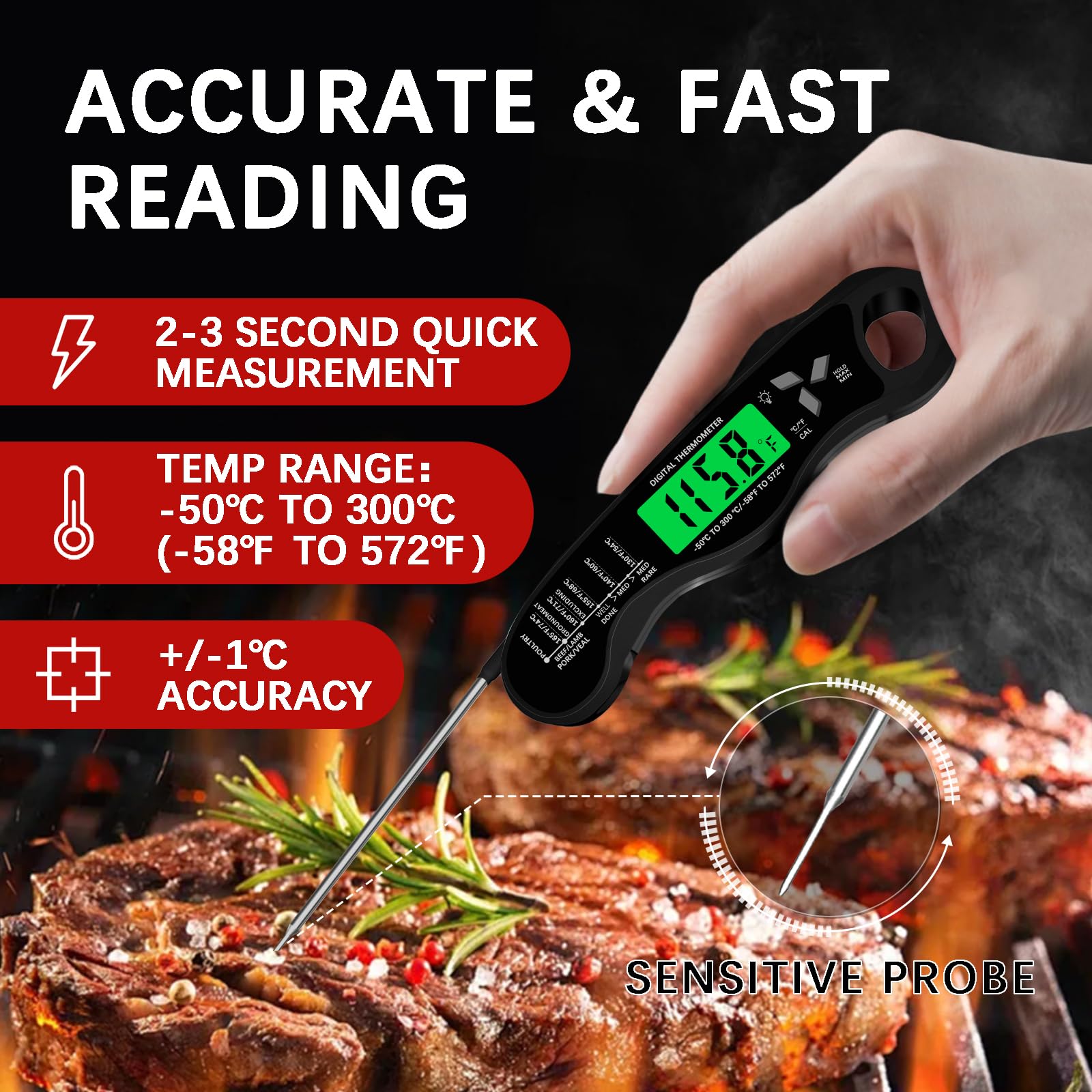 Cooking Thermometer,IP67 Waterproof Digital Meat Thermometer with Backlight, Calibration & Hold Function，Food Thermometer for Cooking,Outdoor Grilling,Candy Making - CookCave