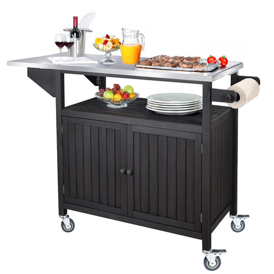 COOLBEBE Outdoor Grill Table with Storage Cabinet, Solid Wood Outdoor Grill Cart with Wheels & Stainless Steel Top, Large Kitchen Island BBQ Prep Station for Outside (Black Brown) - CookCave
