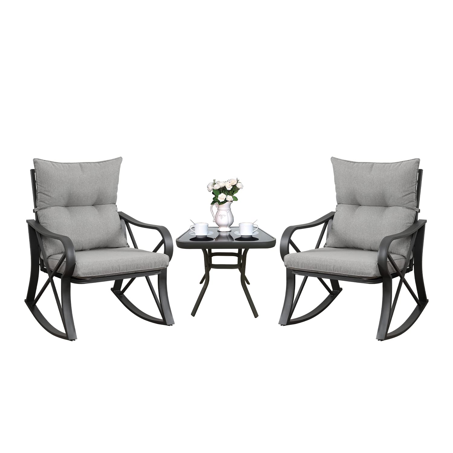 COSIEST 3 Piece Bistro Set Patio Rocking Chairs Outdoor Furniture w Warm Gray Cushions, Glass-Top Table for Garden, Pool, Backyard - CookCave