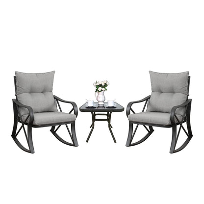 COSIEST 3 Piece Bistro Set Patio Rocking Chairs Outdoor Furniture w Warm Gray Cushions, Glass-Top Table for Garden, Pool, Backyard - CookCave
