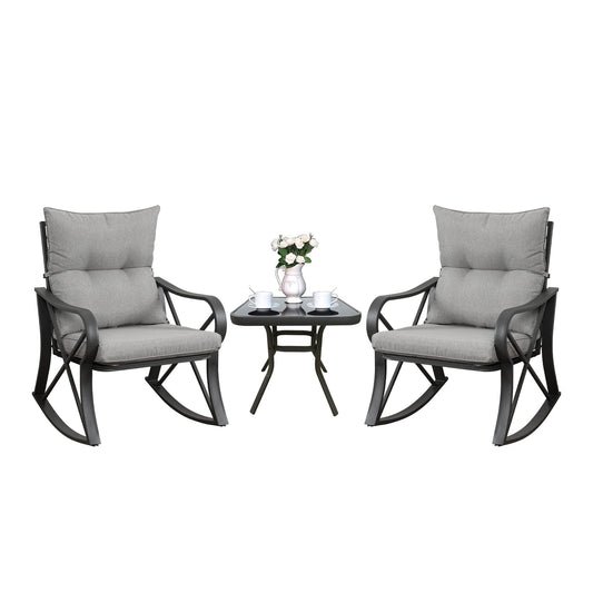 COSIEST 3 Piece Bistro Set Patio Rocking Chairs Outdoor Furniture w Warm Gray Cushions, Glass-Top Table for Garden, Pool, Backyard - CookCave