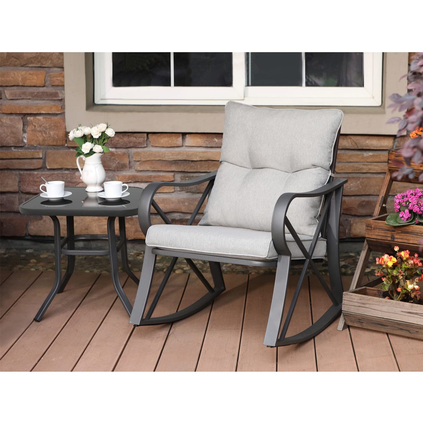 COSIEST 3 Piece Bistro Set Patio Rocking Chairs Outdoor Furniture w Warm Gray Cushions, Glass-Top Table for Garden, Pool, Backyard - CookCave