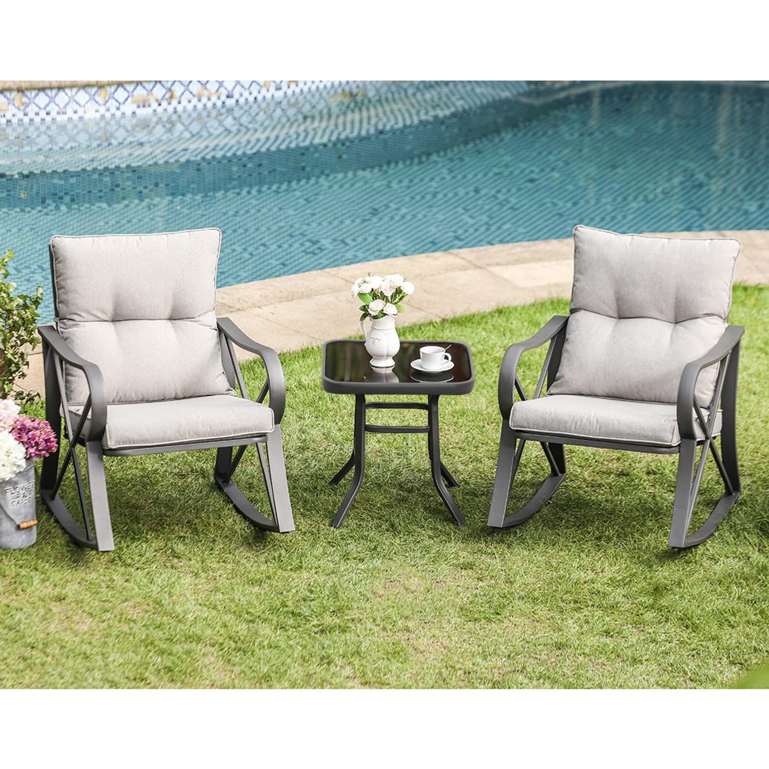 COSIEST 3 Piece Bistro Set Patio Rocking Chairs Outdoor Furniture w Warm Gray Cushions, Glass-Top Table for Garden, Pool, Backyard - CookCave